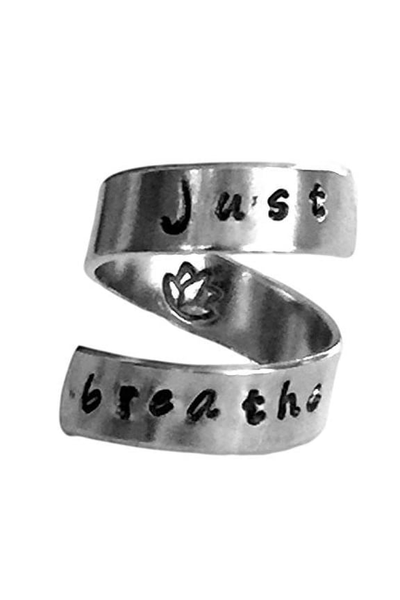 Just Breathe Lotus Inside Hand Stamped Personalized Aluminum Spiral Ring Jewelry