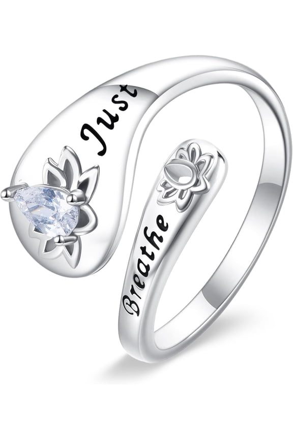 Just Breathe Ring S925 Sterling Silver Adjustable Lotus Ring Spiral Wrap Healing Rings Inspirational Jewelry for Women Mom Wife