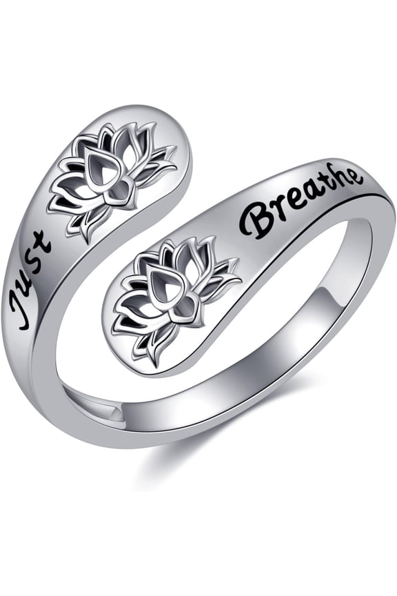 Just Breathe Ring S925 Sterling Silver Adjustable Lotus Ring Spiral Wrap Healing Rings Inspirational Jewelry for Women Mom Wife