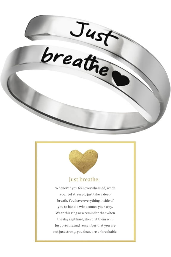 Just Breathe Ring for Women, Adjustable Heart Ring, Stainless Steel Spiral Wrap Healing Rings, Inspirational & Heart felt Gift