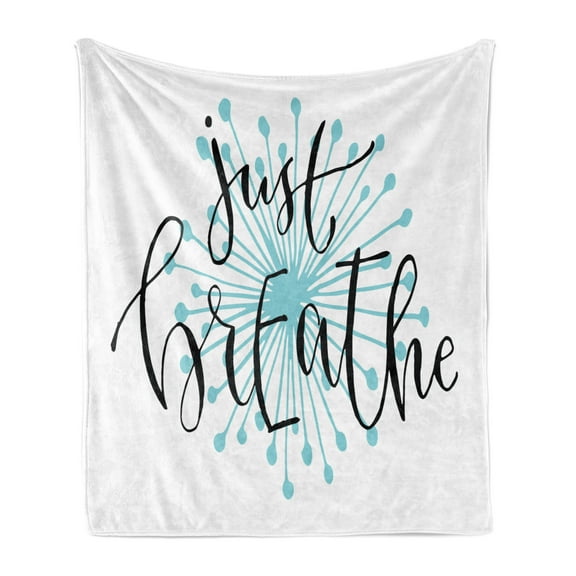 Just Breathe Soft Flannel Fleece Blanket, Writing for Optimistic Lifestyle Positive Saying in Hand Writing Style, Cozy Plush for Indoor and Outdoor Use, 50" x 60", Aqua Black White, by Ambesonne
