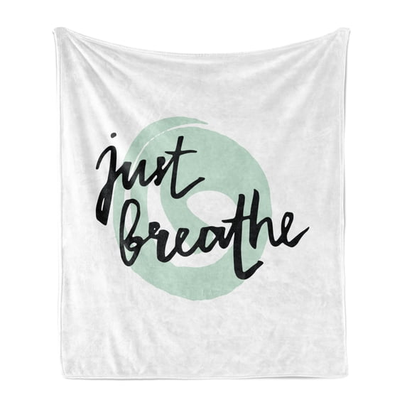 Just Breathe Soft Flannel Fleece Throw Blanket, Inspirational Positive Saying with Modern Brush Calligraphy Art, Cozy Plush for Indoor and Outdoor Use, 70" x 90", Mint Green Black White, by Ambesonne