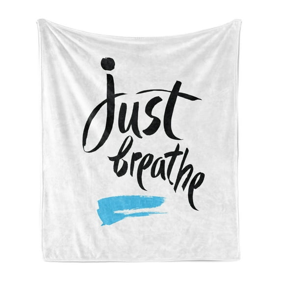 Just Breathe Soft Flannel Fleece Throw Blanket, Inspirational Words Calligraphy Brushstroke Detail, Cozy Plush for Indoor and Outdoor Use, 50" x 70", Black White Pale Blue, by Ambesonne