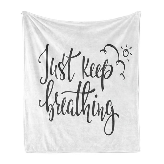 Just Breathe Soft Flannel Fleece Throw Blanket, Keep Breathing Phrase Hand Writing Sun and Clouds Doodle, Cozy Plush for Indoor and Outdoor Use, 60" x 80", Charcoal Grey White, by Ambesonne