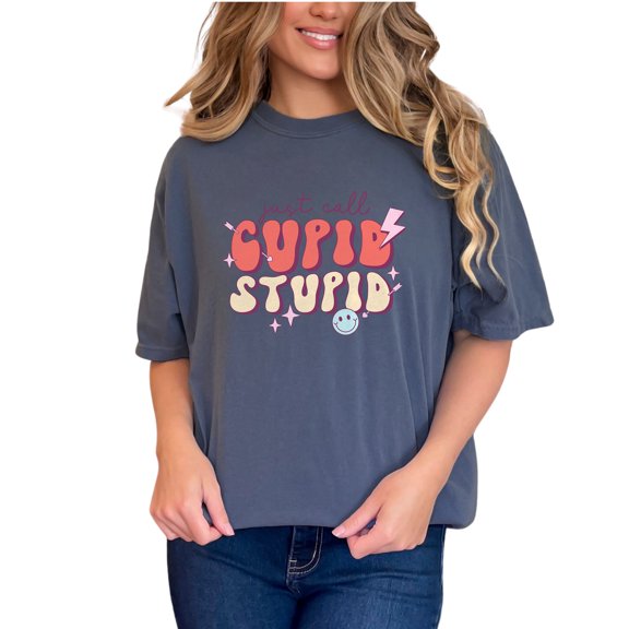 Just Call Cupid, Stupid, 90s Retro Groovy Text Valentine's Day, Denim Comfort Colors T-Shirt, 2XL