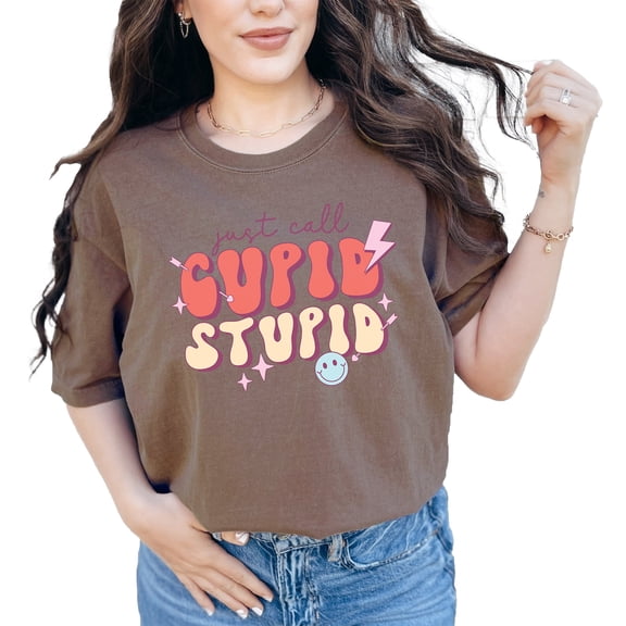 Just Call Cupid, Stupid, 90s Retro Groovy Text Valentine's Day, Espresso Comfort Colors T-Shirt, Medium