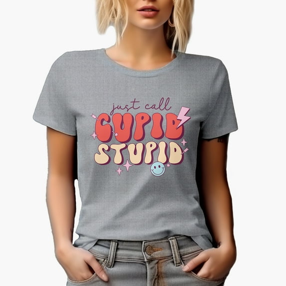 Just Call Cupid, Stupid, 90s Retro Groovy Valentine's Day Art Merch Gift, Heather Grey T-Shirt, Medium