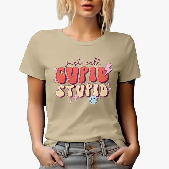 Just Call Cupid, Stupid, 90s Retro Groovy Valentine's Day Art Merch Gift, Tan T-Shirt, 3XL