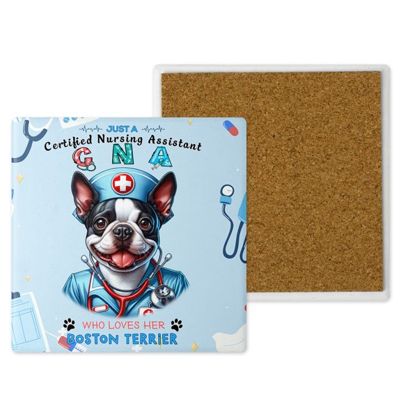 Just a Certified Nursing Assistant Cna Who Loves Her Boston Terrier Set of 4 Stone Coasters Gentleman Dog Lover Gifts 4x4in Absorbent Soapstone Coaster - 00003