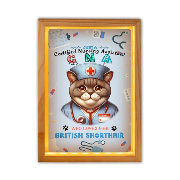 Just a Certified Nursing Assistant Cna Who Loves Her British Shorthair Acrylic Plaque with Wood Photo Frame Box Cat Lover Kitten Owner Gifts Light Box - 00003
