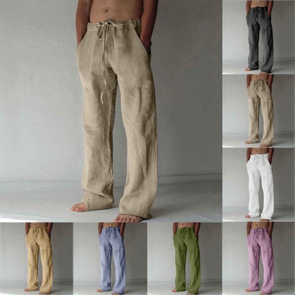 Just In from Chaps Ofreoo Men's Cotton and Linen Elastic Waist Blended Breathable Comfortable Soft Beach Casual Trousers Full Length Pants Classic Lightweight Summer