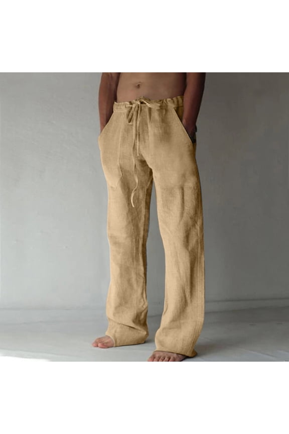 Just In from Chaps Ofreoo Men's Cotton and Linen Elastic Waist Blended Breathable Comfortable Soft Beach Casual Trousers Full Length Pants