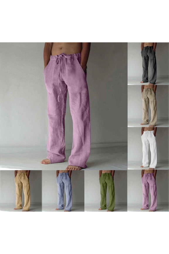 Just In from Chaps Ofreoo Men's Cotton and Linen Elastic Waist Blended Breathable Comfortable Soft Beach Casual Trousers Full Length Pants