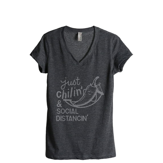 Just Chilin And Social Distancin Women's Fashion Relaxed V-Neck T-Shirt Tee Charcoal Grey X-Large