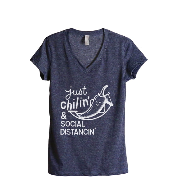 Just Chilin And Social Distancin Women's Fashion Relaxed V-Neck T-Shirt Tee Heather Navy Small
