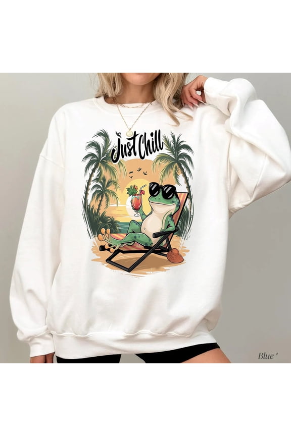 Just Chill Frog Sweatshirt – Funny Beach Vibes Pullover, Relaxed Summer Vacation Aesthetic Crewneck