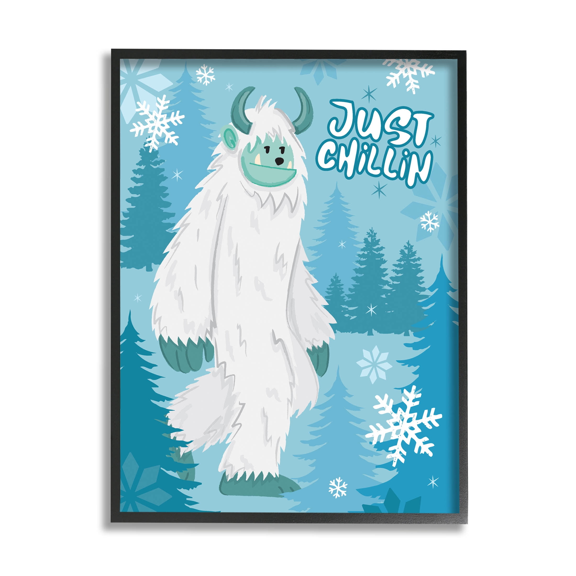 Just Chillin Funny Winter Yeti Holiday Graphic Art Black Framed Art Print Wall Art