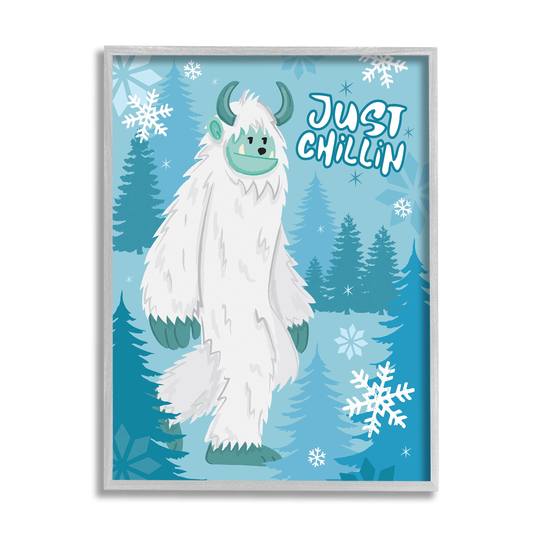 Just Chillin Funny Winter Yeti Holiday Graphic Art Gray Framed Art Print Wall Art