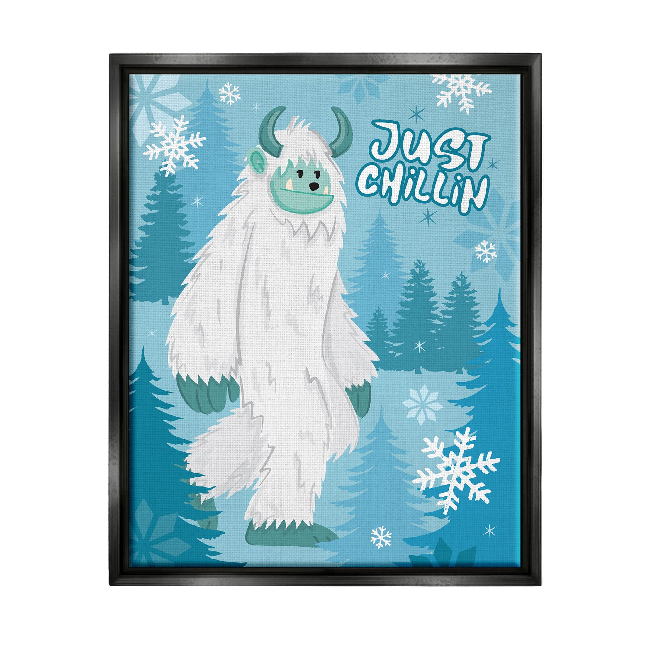 Just Chillin Funny Winter Yeti Holiday Graphic Art Jet Black Framed Art Print Wall Art