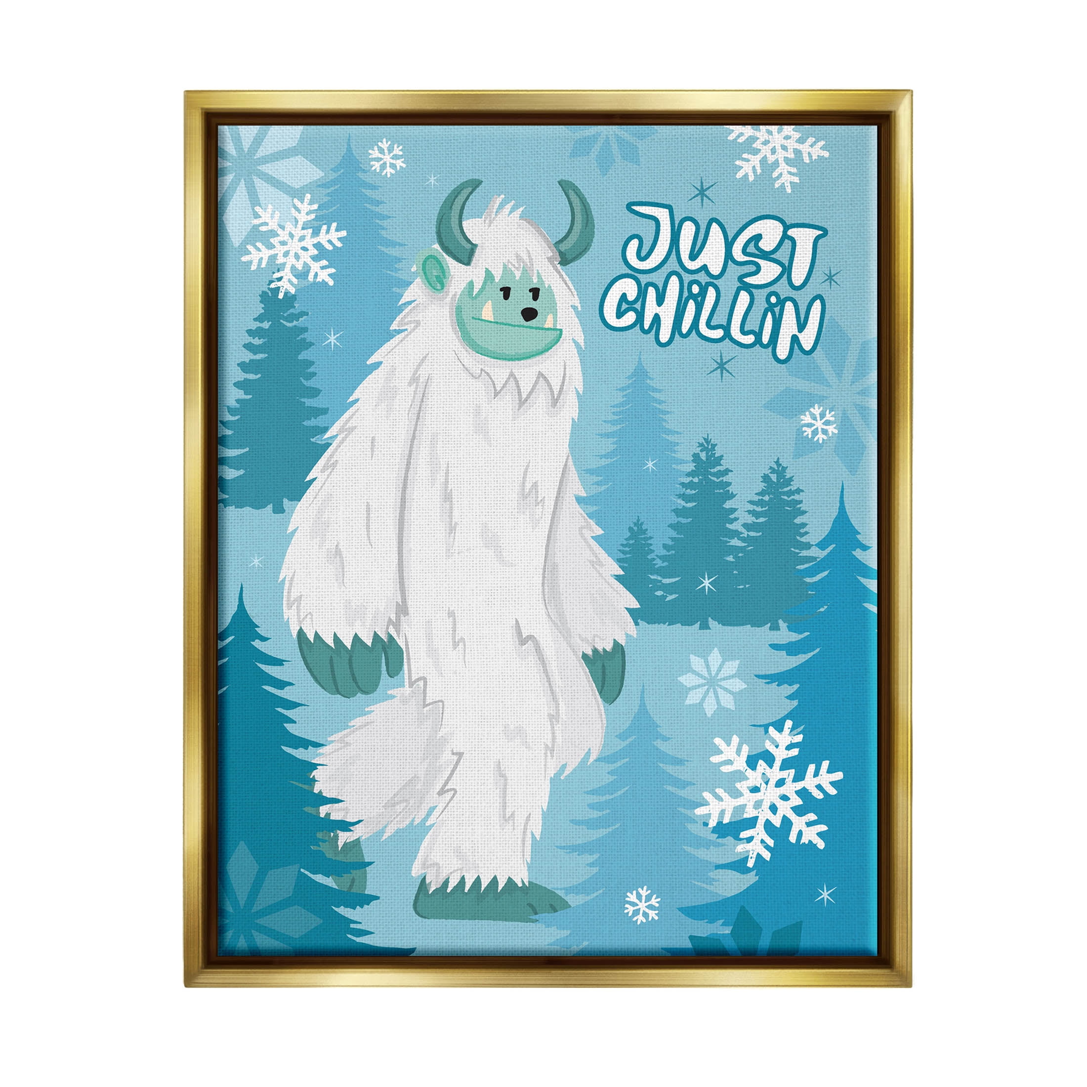 Just Chillin Funny Winter Yeti Holiday Graphic Art Metallic Gold Framed Art Print Wall Art