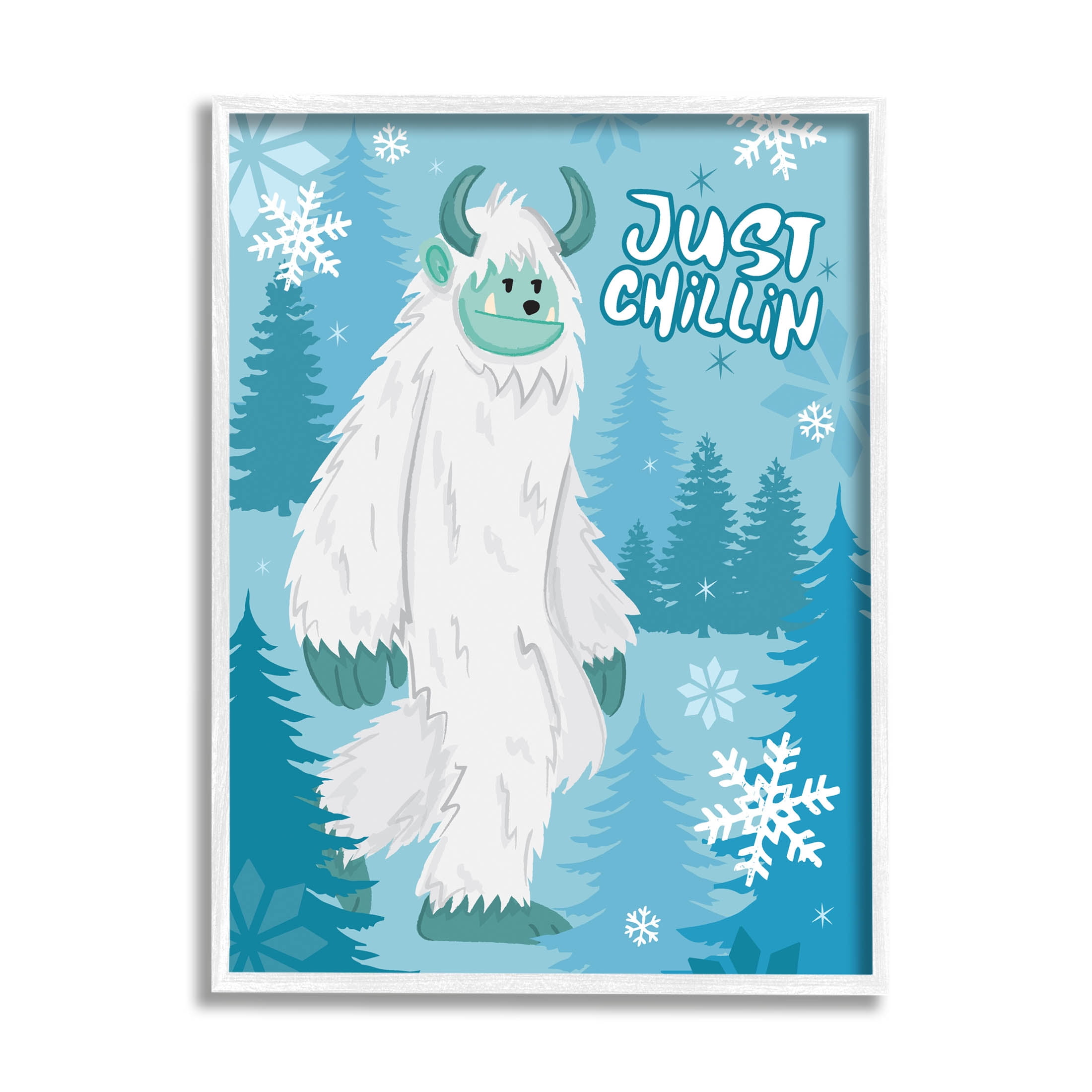 Just Chillin Funny Winter Yeti Holiday Graphic Art White Framed Art Print Wall Art