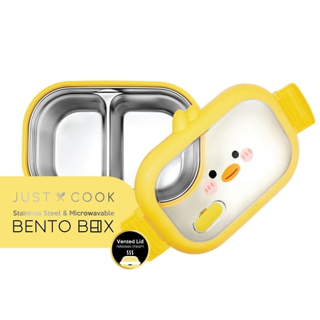 Just Cook 2 Section Duck Locktop Microwave Safe Stainless Steel Bento 1000 ml (Yellow)
