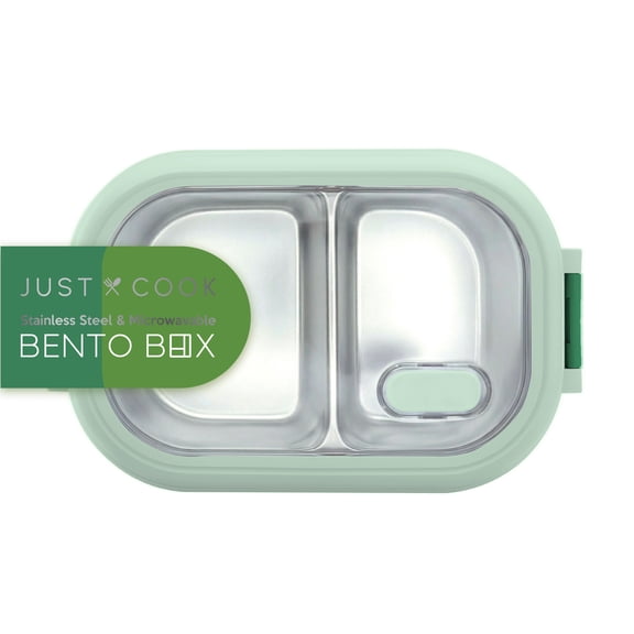 Just Cook Green Locktop Two Section Microwave Safe Stainless Steel Bento Box 1000 ml