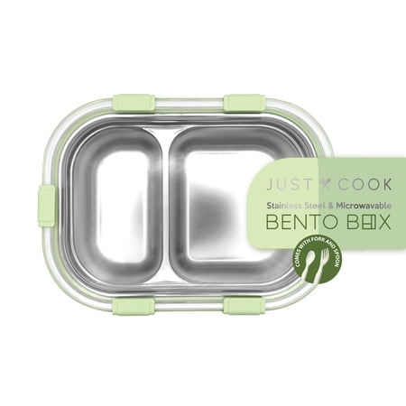 Just Cook 2 Section Locktop Microwave Safe Stainless Steel Bento Box with Fork & Spoon, 1350 ml