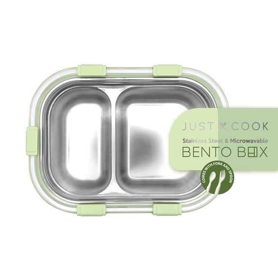 Just Cook 2 Section Locktop Microwave Safe Stainless Steel Bento Box with Fork & Spoon, 1350 ml