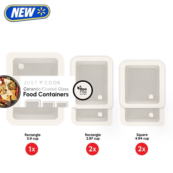 Just Cook Ceramic Glass Food Storage Container Set for Meal Prep and Leftover Storage, 10 Pack