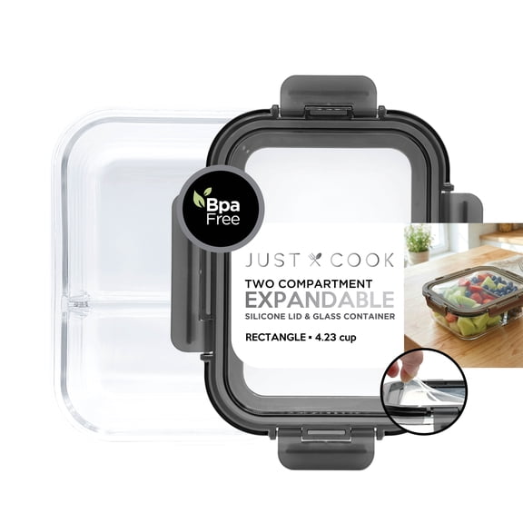 Just Cook Glass Food Storage Container with Expandable Silicone Lid 2 Compartment, Ideal Use for Meal Prep and Batch Cooking