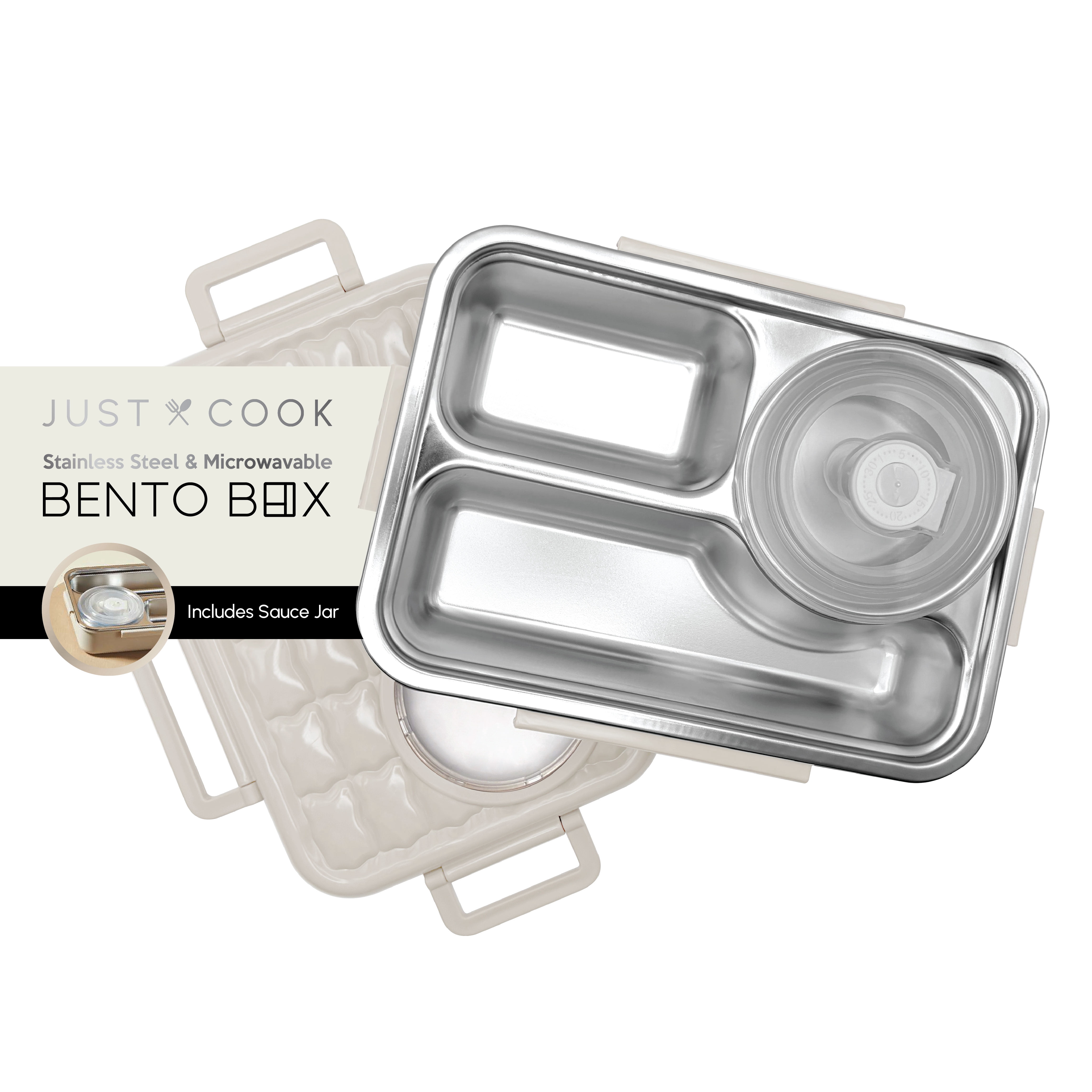 Just Cook Microwave Safe Stainless Steel Bento Box with Sauce Jar 1050 ml (Coconut Milk)