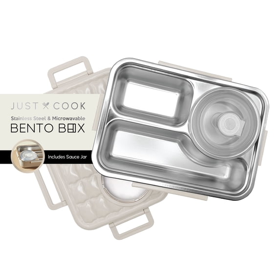 Just Cook Microwave Safe Stainless Steel Bento Box with Sauce Jar 1050 ml (Coconut Milk)