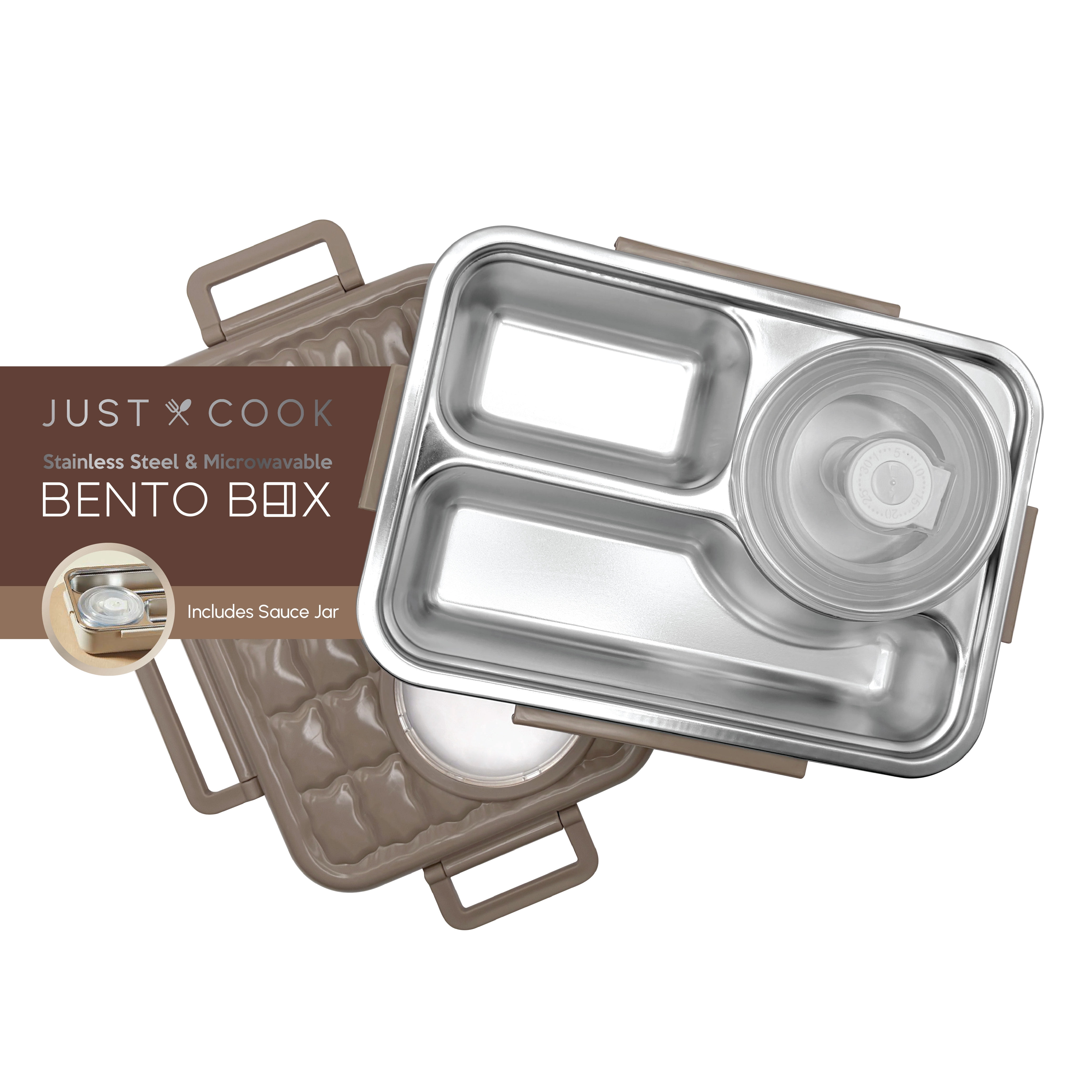 Just Cook Microwave Safe Stainless Steel Bento Box with Sauce Jar, 1050 ml (Mocha Mousse)