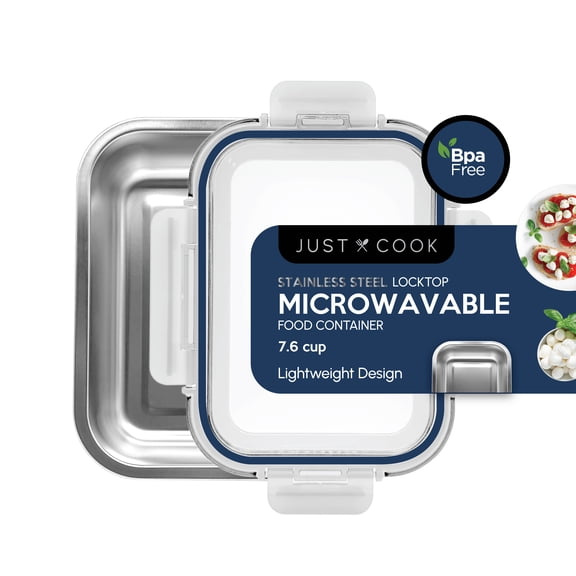 Just Cook Stainless Steel Metal Microwavable Food Storage Container 60 Oz or 7.5 Cups, Best Used for Leftover Storage, Meal Prep, and Reheating