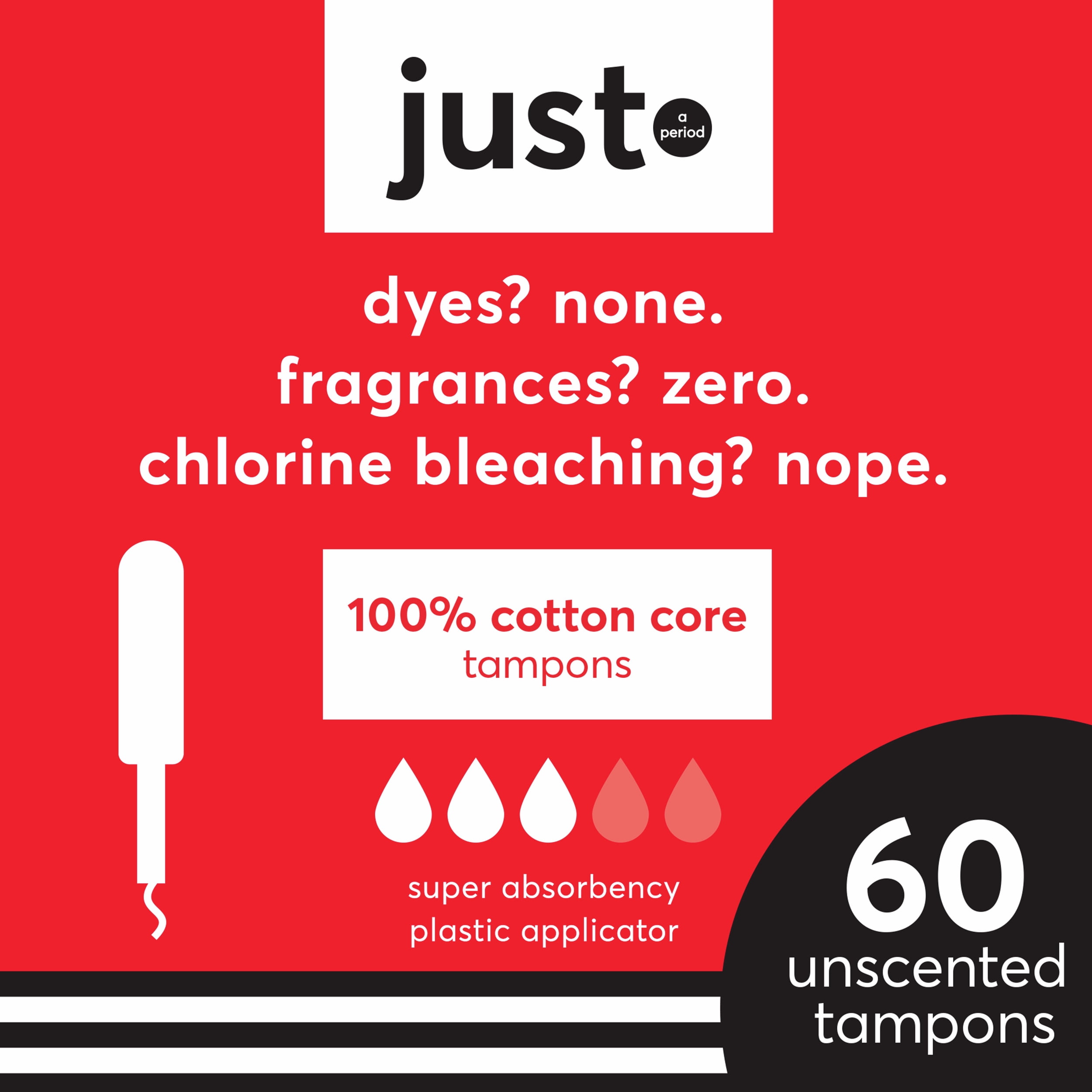Just Cotton Core Tampons with Plastic Applicators, Super, 20 Count- Pack of 3 (60 Count Total)