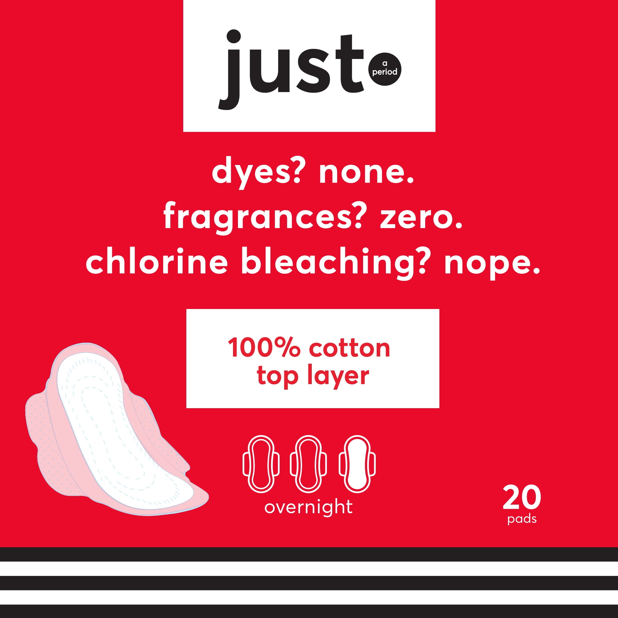 Just Cotton Top Layer Pads, Ultra-Thin with Wings, Overnight, 20 Ct