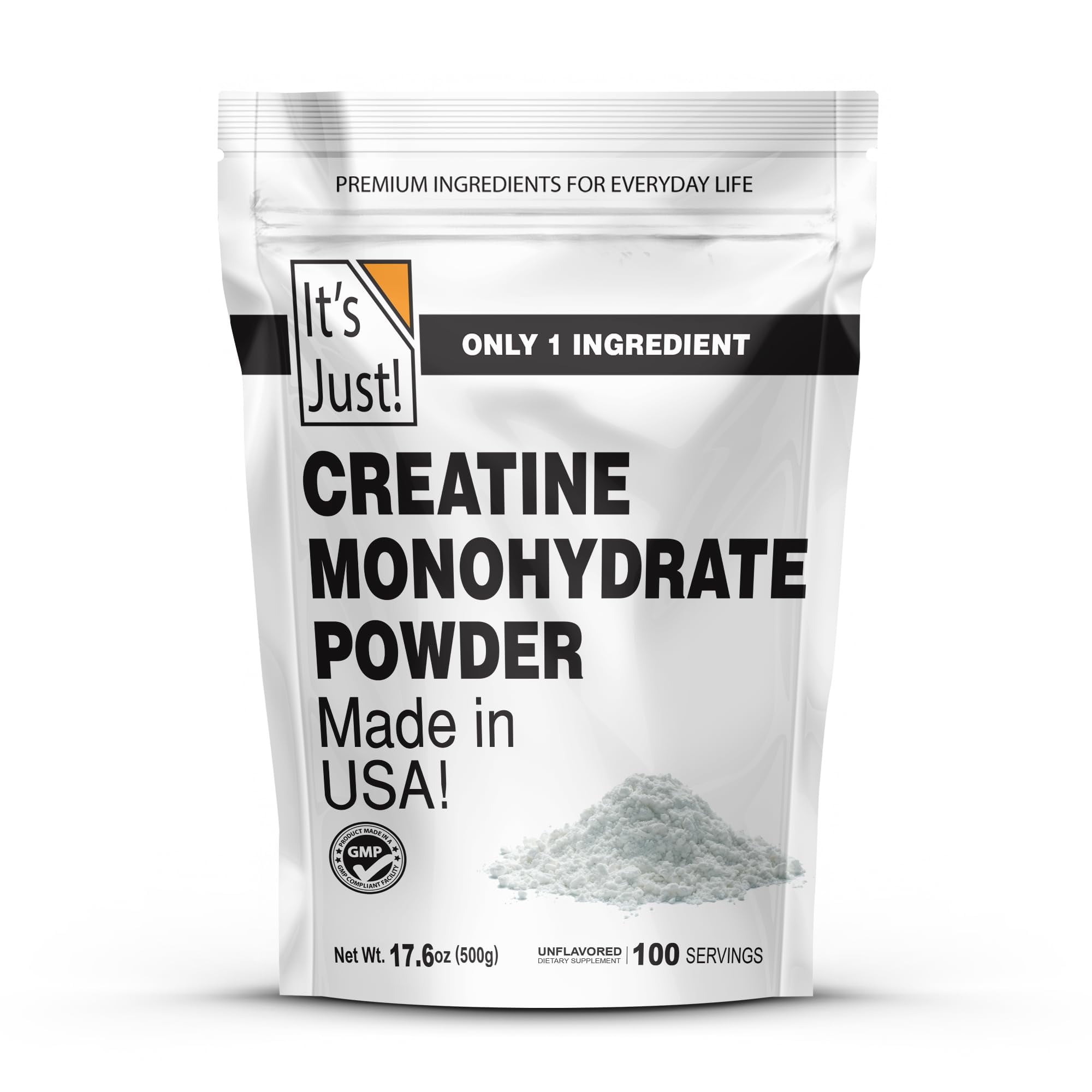 It's Just! - Creatine Monohydrate Powder, Pure KMC2Creatine Powder, in USA, 3rd Party Lab Tested, 5g Per Serving, Scoop Included, No Fillers, No Added Flavor (Unflavored, 500g / 100 Servings)