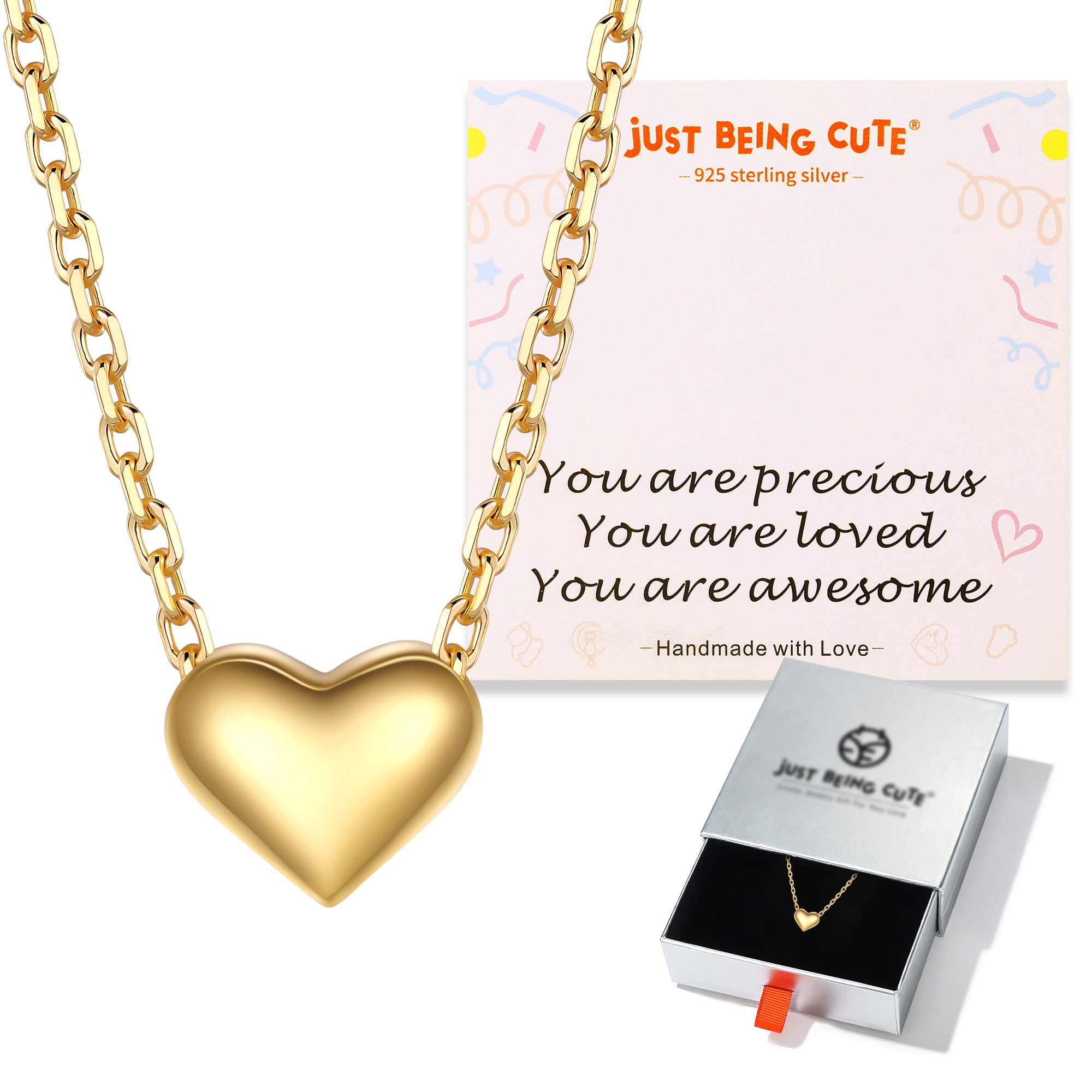 Just Being Cute Real 925 Sterling Silver Necklace for Women 14K Gold Plated Heart Pendant Necklaces Birthday Mothers Day Jewelry Gifts Mom Her Wife Female Adults Age Ideas