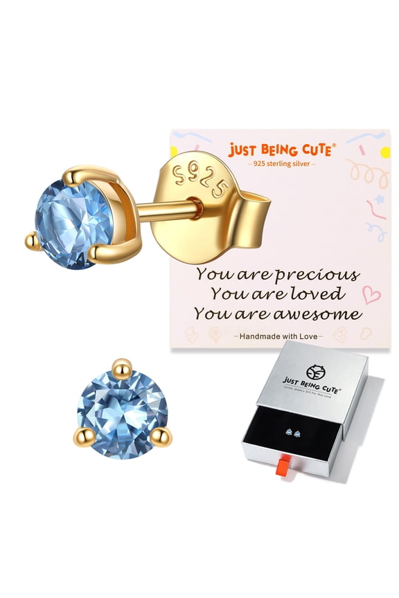 3-Prong Aquamarine Earrings for Women Hypoallergenic Sterling Silver Earrings Colorful Stone Flat Back Studs for Her, Christmas Jewelry Gifts, 0.6ct/pair