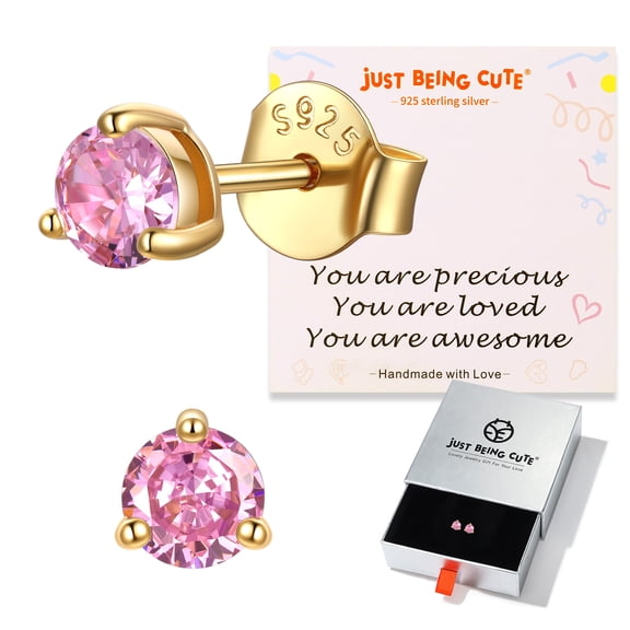 JustBeingCute Real 925 Sterling Silver Stud Earrings for Women, 14K Gold Plated Colorful CZ Birthstone Created Pink Tourmaline Earrings Jewelry Gifts for Birthday Christmas Graduation, 0.6ct/pair