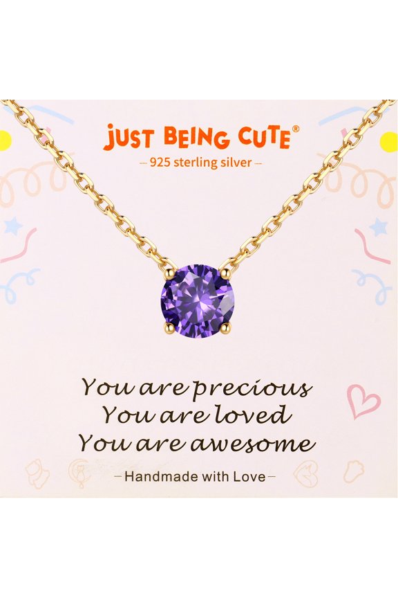 Amethyst Necklace for Women, 14K Gold Plated Crystal Solitaire 1.0 Carat(6.5mm) Cubic Zirconia Birthstone Pendant Jewelry for Christmas Anniversary