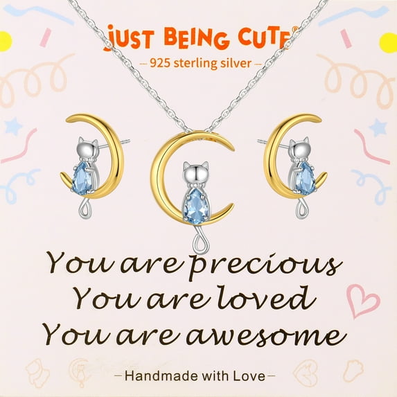 Just Being Cute June Birthstone Necklace and Earrings for Girls Women 925 Real Sterling Silver Cat Jewelry Sets Birthday Valentines Day Gifts Teen Her Girlfriend Wife Lady Female Kids Age Ideas