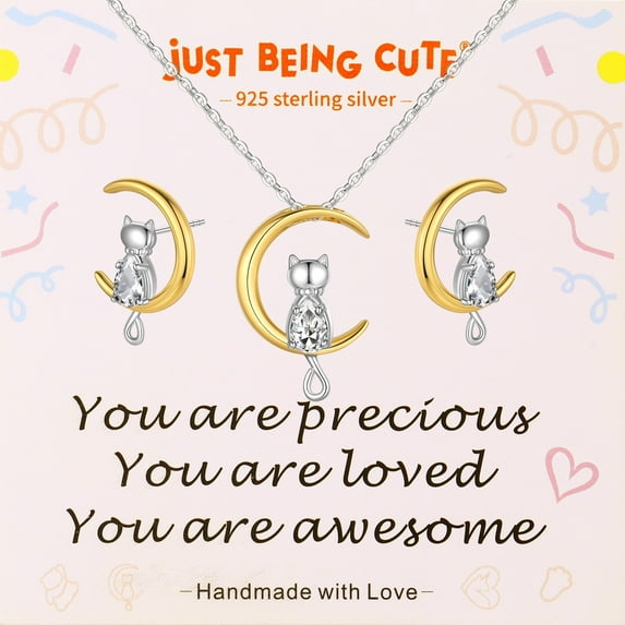 Just Being Cute July Birthstone Necklace and Earrings for Girls Women 925 Real Sterling Silver Cat Jewelry Sets Birthday Valentines Day Gifts Teen Her Girlfriend Wife Lady Female Kids Age Ideas