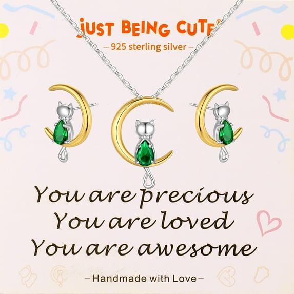 Just Being Cute August Birthstone Necklace and Earrings for Girls Women 925 Real Sterling Silver Cat Jewelry Sets Birthday Valentines Day Gifts Teen Her Girlfriend Wife Lady Female Kids Age Ideas