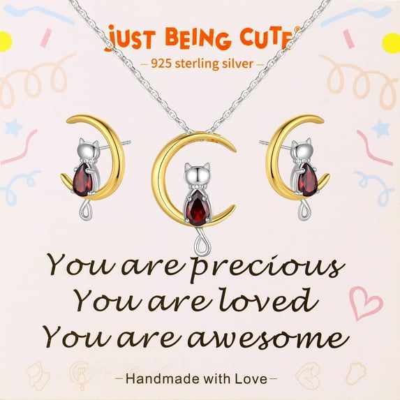 Just Being Cute April Birthstone Necklace and Earrings for Girls Women 925 Real Sterling Silver Cat Jewelry Sets Birthday Valentines Day Gifts Teen Her Girlfriend Wife Lady Female Kids Age Ideas