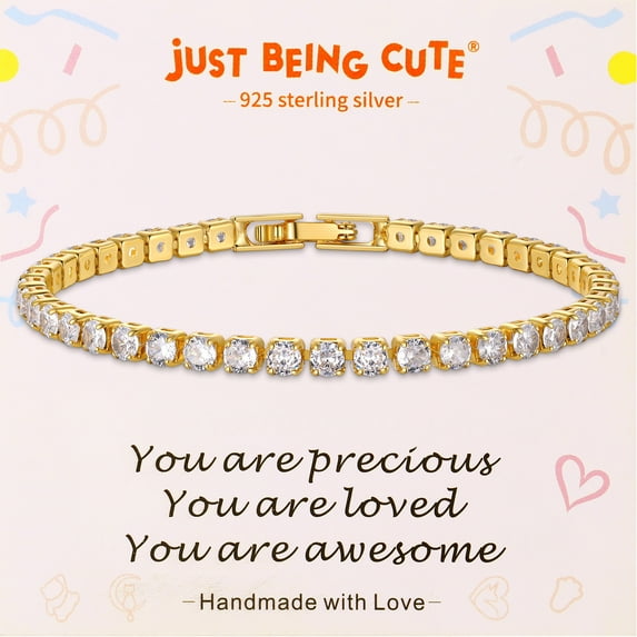 Just Being Cute Tennis Bracelets for Women, 3mm Created Diamond - Round Cut April Birthstone Bracelet 14K Gold Plating Birthday Mothers Day Jewelry Gifts for Mom Daughter Her, 7 inch
