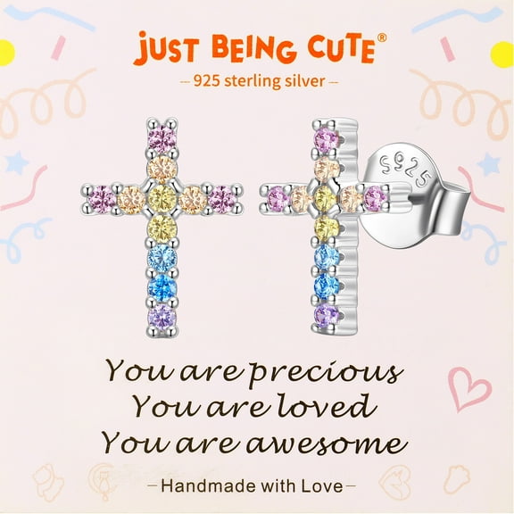 Just Being Cute Cross Earrings for Women, 925 Real Sterling Silver Stud Earring with Cubic Zirconia God Bless You Baptism Easter Basket Stuffers Jewelry Gifts Her Mom Wife Lady Adults Age Ideas