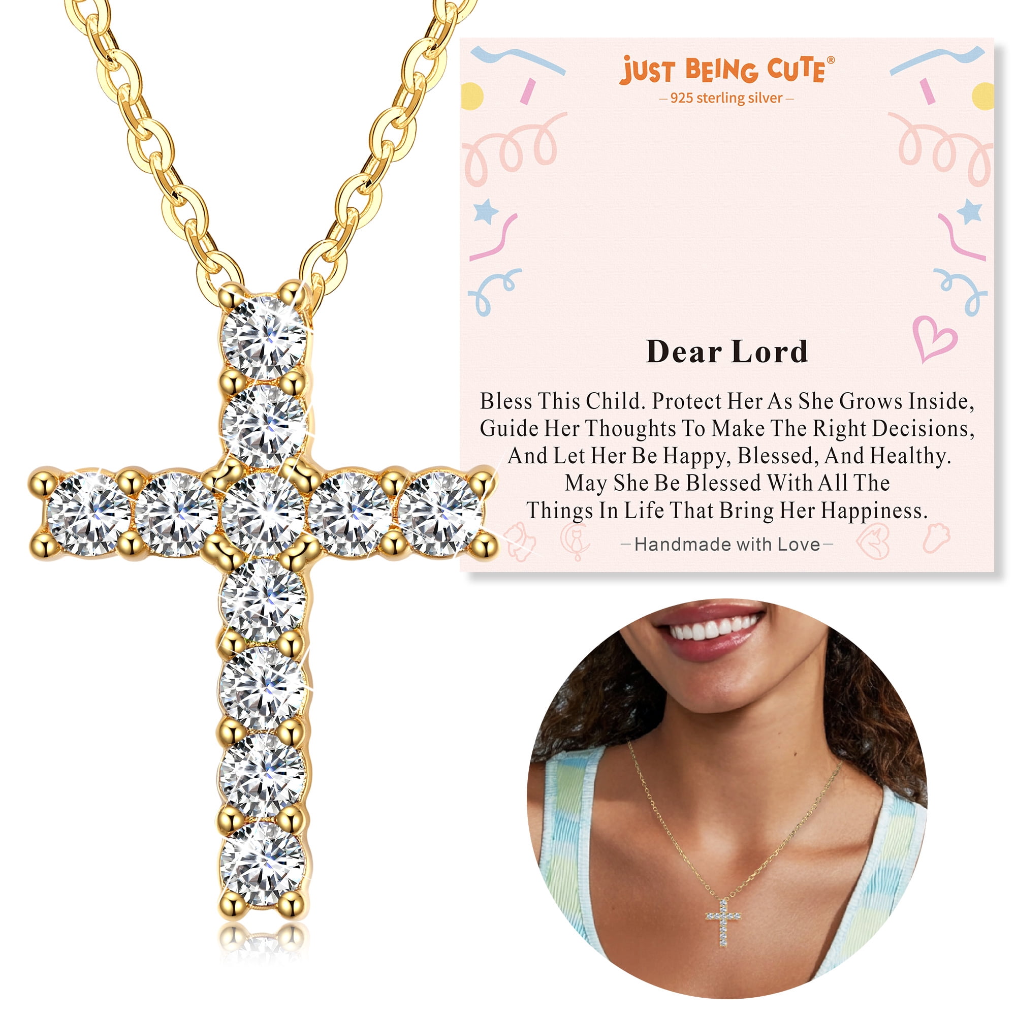 Just Being Cute Cross Necklace for Women, Cubic Zirconia Cross Pendant 925 Sterling Silver Jewelry Gifts for Her with Dear Lord Card, Baptism/Graduation