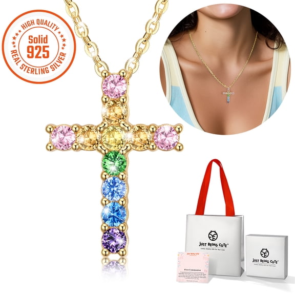 Just Being Cute Cross Necklace for Women 925 Sterling Silver Necklaces 5A Cubic Zirconia Pendant Valentines Day Jewelry Gifts for Her Girlfriend Wife with First Communion Card